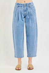 Hazel Blues® | RISEN Slouchy Crop Barrel Pleated Jeans