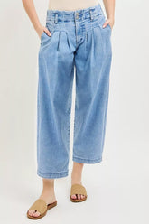 Hazel Blues® | RISEN Slouchy Crop Barrel Pleated Jeans