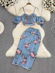 Hazel Blues® | Floral Print Sweetheart Neck Cami and Skirt Denim Set