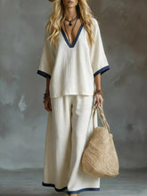 Hazel Blues® | Contrast Trim V-Neck Top and Pants Set