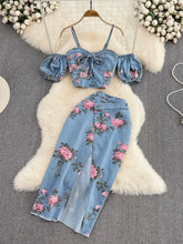 Hazel Blues® | Floral Print Sweetheart Neck Cami and Skirt Denim Set