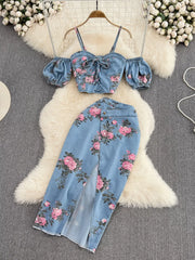 Hazel Blues® | Floral Print Sweetheart Neck Cami and Skirt Denim Set