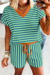 Hazel Blues® | Stripe Colorblock Trim V Neck Tee Drawstring Elastic Waist Short Set