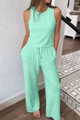 Hazel Blues® | Drawstring Elastic Waistband Solid Color Two Piece Casual Set