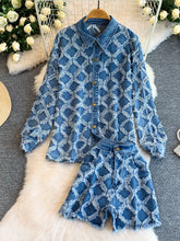 Hazel Blues® | Distressed Diamond Pattern Jacket and Shorts Denim Set