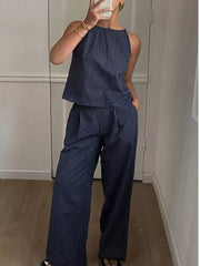 Hazel Blues® | Striped Sleeveless Top and Wide-Leg Pants Set