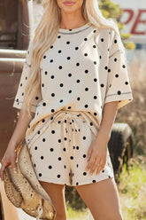 Hazel Blues® | Exposed Seam Detail Polka Dot Loose Tee Drawstring Shorts Set