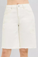 Hazel Blues® | RISEN Slouchy Relaxed Floral Embroidered Bermuda Denim Shorts