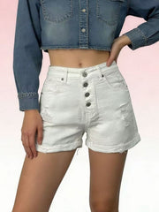 Hazel Blues® | High-Waisted Button-Fly Distressed Denim Shorts