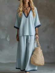 Hazel Blues® | Contrast Trim V-Neck Top and Pants Set