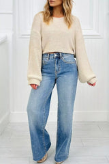 Hazel Blues® | Distressed Detail Tummy Control Raw Hem Jeans