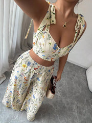 Hazel Blues® | Floral Print Tie-Shoulder Crop Top & Wide Leg Pants Set