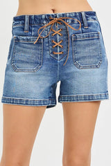 Hazel Blues® | RISEN High Rise Front Tie Up Shorts with Patch Pockets