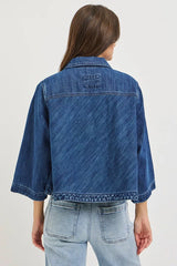 Hazel Blues® | RISEN Double-Breasted Flowy Cropped Denim Jacket