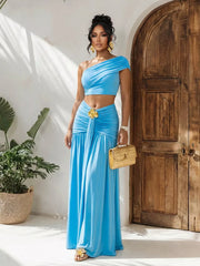 Hazel Blues® | One-Shoulder Top and Ruched Maxi Skirt Set