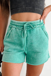 Hazel Blues® | Mineral Washed Drawstring Elastic Waist Raw Cut Shorts