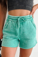 Hazel Blues® | Mineral Washed Drawstring Elastic Waist Raw Cut Shorts