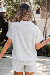 Hazel Blues® | Light Grey Collared V Neck Tee Drawstring Elastic Waist Shorts 2pcs Outfit