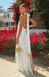 Jasmine Fringe Maxi Dress ~ Ivory Luxe Satin