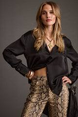 Cash Black Satin Button Down Top