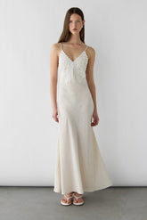 EMBROIDERED LACE SATIN SLIP DRESS
