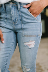 Hazel Blues® | Aiden High Rise Patch Pocket Distressed Boyfriend Jeans