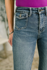 Hazel Blues® | Jackie Mid Rise Flare Jean with Front Flap Pockets