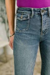 Hazel Blues® | Jackie Mid Rise Flare Jean with Front Flap Pockets