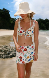Island Ruffle Top ~ French Floral Rib Scrunch