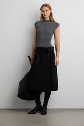 WOOL BLEND PINSTRIPE MIDI SKIRT WITH WAIST TIE