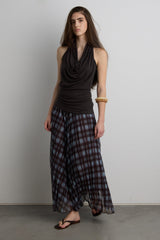 BLUE PLAID ACCORDION PLEAT MIDI SKIRT