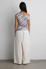 DRAPED CHECKERED COWL NECK TOP