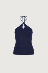 TWISTED LINEN BLEND HALTER NECK TOP
