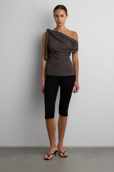 ASYMMETRICAL SHIRRED OFF-SHOULDER TOP