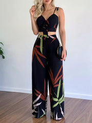 Hazel Blues® | Tropical Print Spaghetti Strap Crop Top and Wide Leg Pants Set