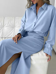 Hazel Blues® | Long Sleeve Shirt and Slit Midi Skirt Set