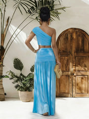 Hazel Blues® | One-Shoulder Top and Ruched Maxi Skirt Set