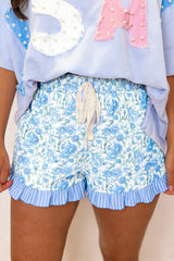 Hazel Blues® | Sky Blue Summer Floral Striped Ruffle Hem Lace Tie Shorts