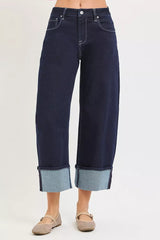 Hazel Blues® | RISEN Slouchy Crop Barrel Cuffed Hem Jeans