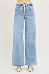 Hazel Blues® | RISEN Elastic Band Slouchy Wide Jeans with Drawstring