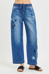 Hazel Blues® | RISEN Elastic Band Slouchy Cropped Barrel with Star Patch