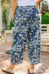 Hazel Blues® | Dainty Floral Printed Drawstring Barrel Jeans