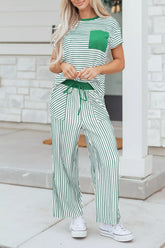 Hazel Blues® | Stripe Crew Neck Tee Drawstring Waist Cropped Pants Set