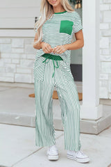 Hazel Blues® | Stripe Crew Neck Tee Drawstring Waist Cropped Pants Set