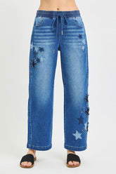 Hazel Blues® | RISEN Elastic Band Slouchy Cropped Barrel with Star Patch