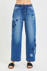 Hazel Blues® | RISEN Elastic Band Slouchy Cropped Barrel with Star Patch
