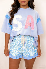 Hazel Blues® | Sky Blue Summer Floral Striped Ruffle Hem Lace Tie Shorts