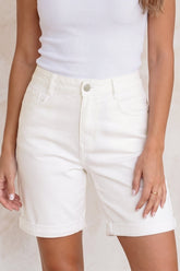 Hazel Blues® | White Solid Color Rolled Cuffs Denim Bermuda Shorts
