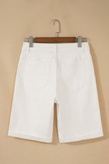 Hazel Blues® | White Solid Color Rolled Cuffs Denim Bermuda Shorts