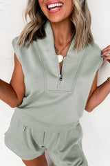 Hazel Blues® | Smoke Green Quarter Zip Sleeveless Top Drawstring Shorts Casual 2pcs Outfit